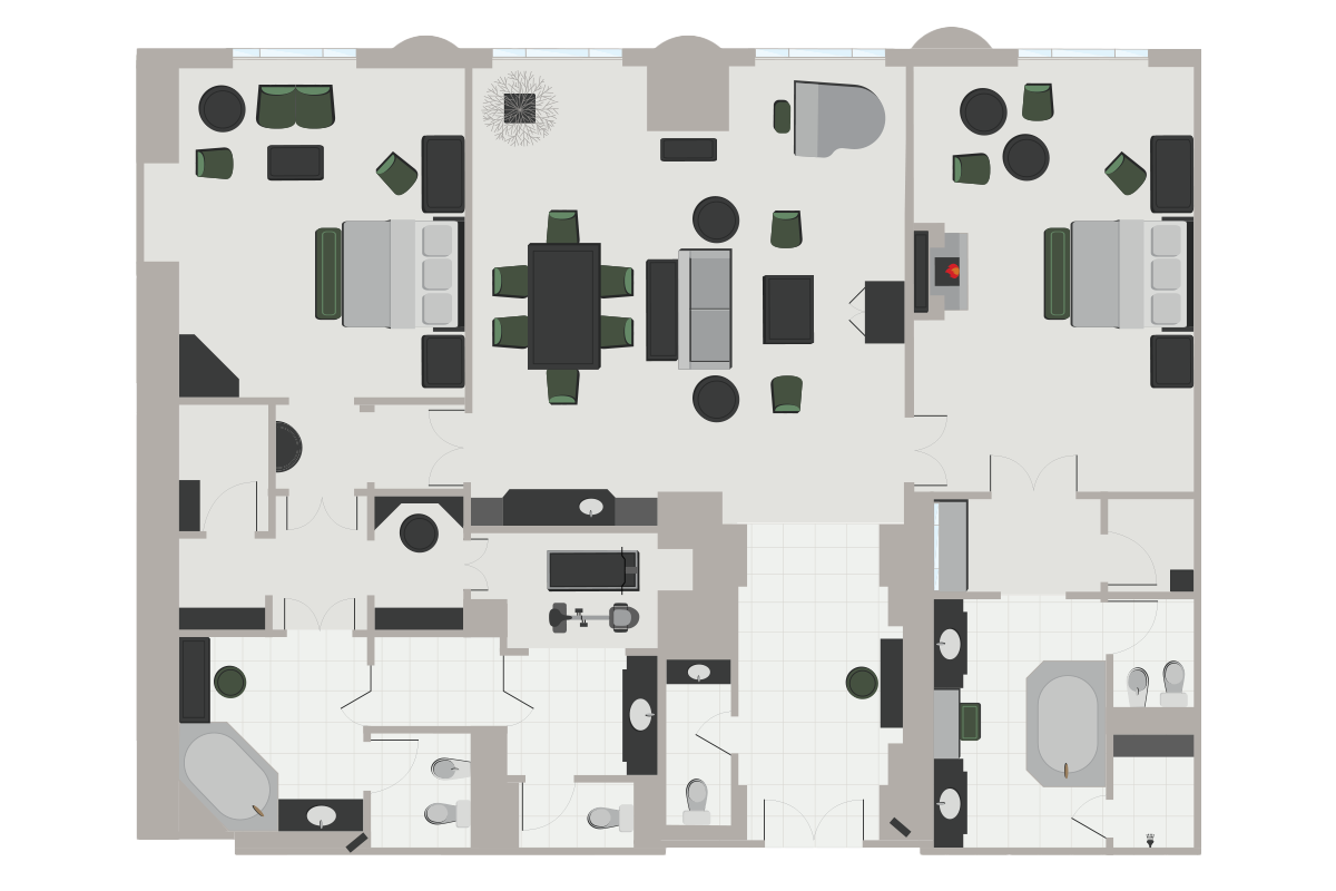 A floor plan of an apartment with three bedrooms, three bathrooms, a living area, and a kitchen.