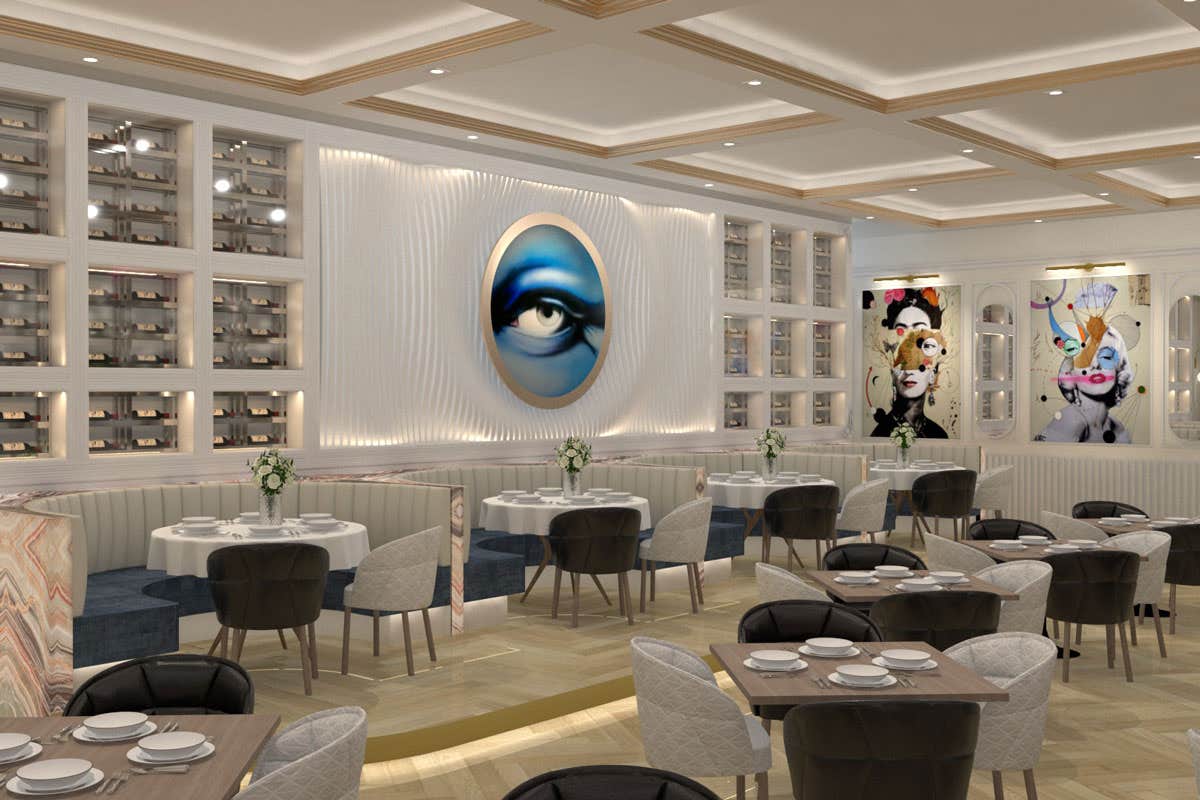 Modern restaurant with elegant decor, round tables, plush chairs, and vibrant artwork on walls, including a large eye painting.