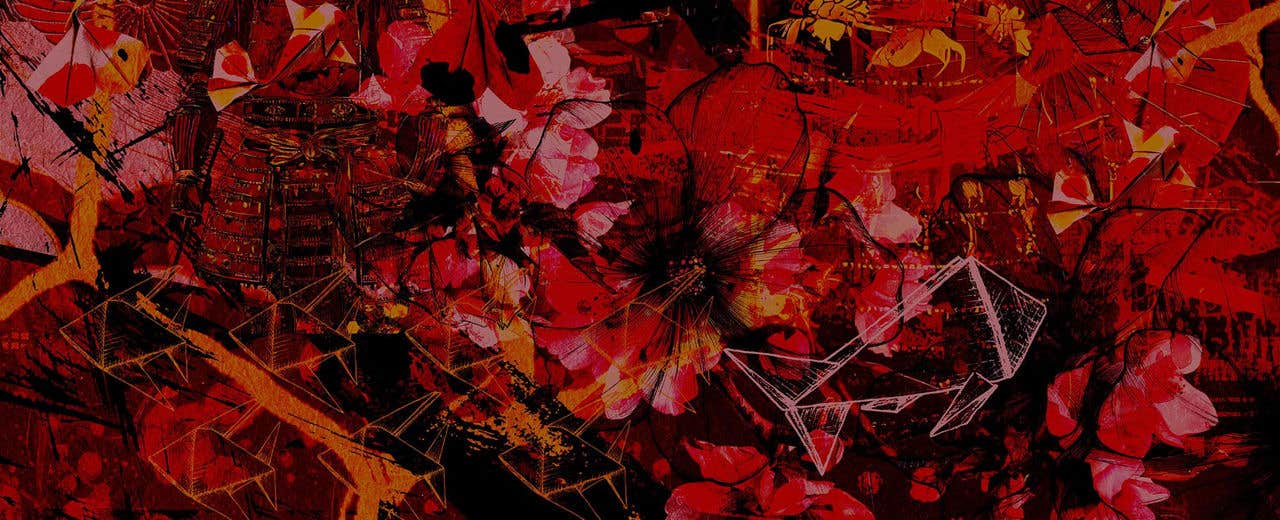 Abstract collage with red tones featuring a dark flower, geometric patterns, and samurai armor.