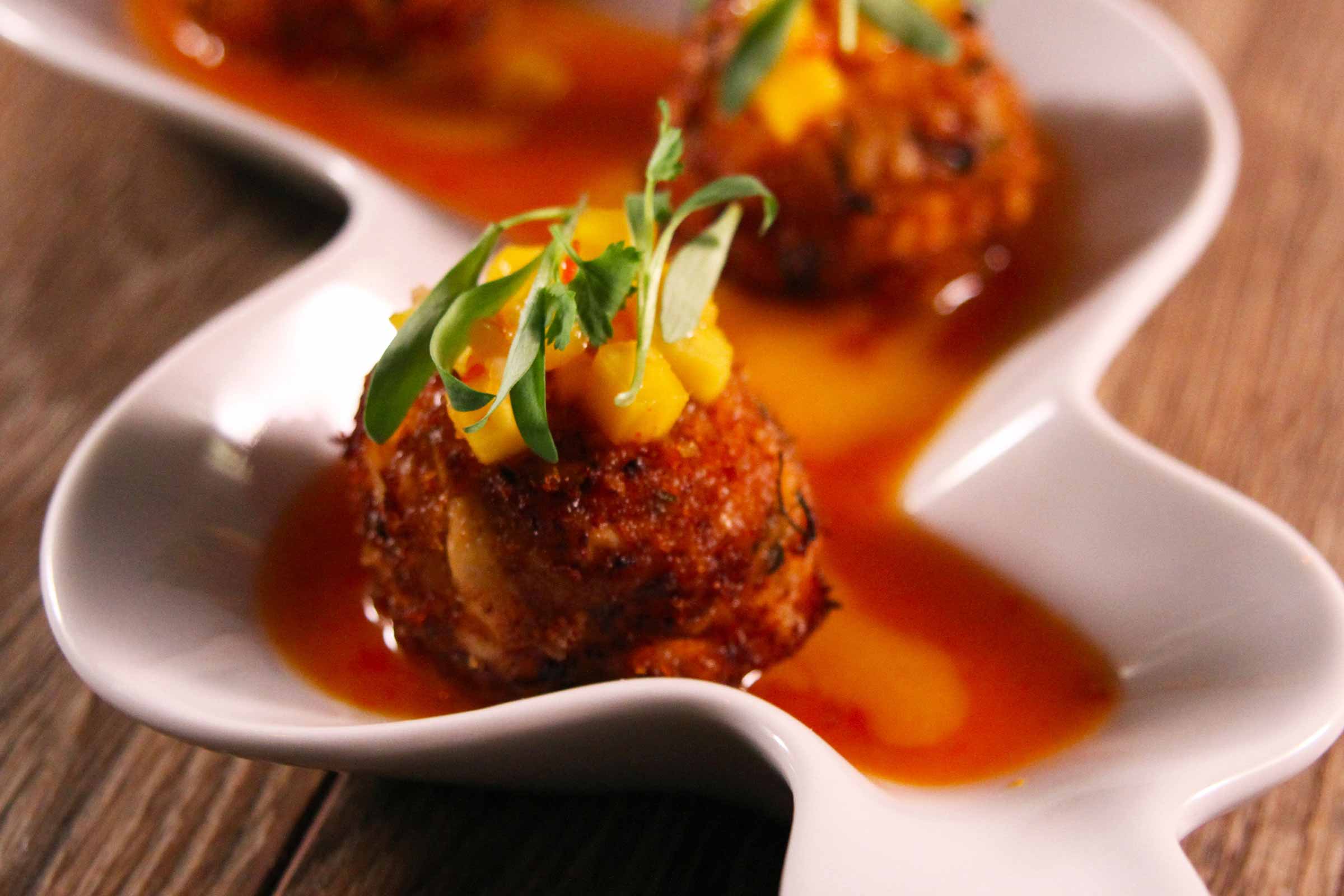 Close-up of a gourmet dish with round, crispy appetizers garnished with herbs and sauce on a stylish white serving plate.