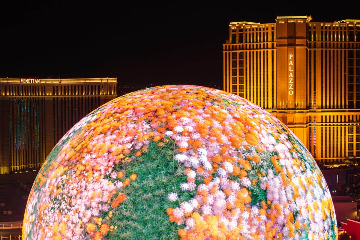 Illuminated Sphere at The Venetian with floral patterns in front of the The Venetian and The Palazzo buildings at night.