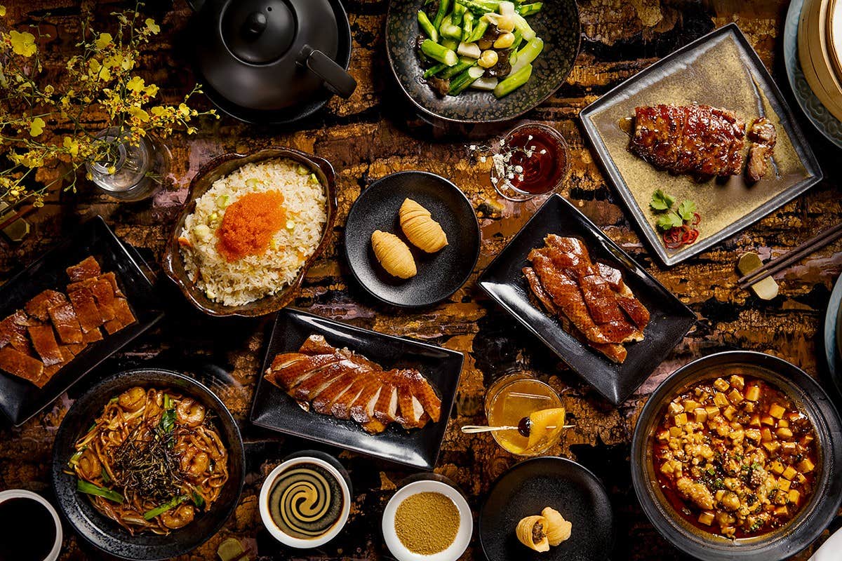 A table full of various Asian dishes, including grilled meats, rice, vegetables, and dumplings, displayed on black plates.