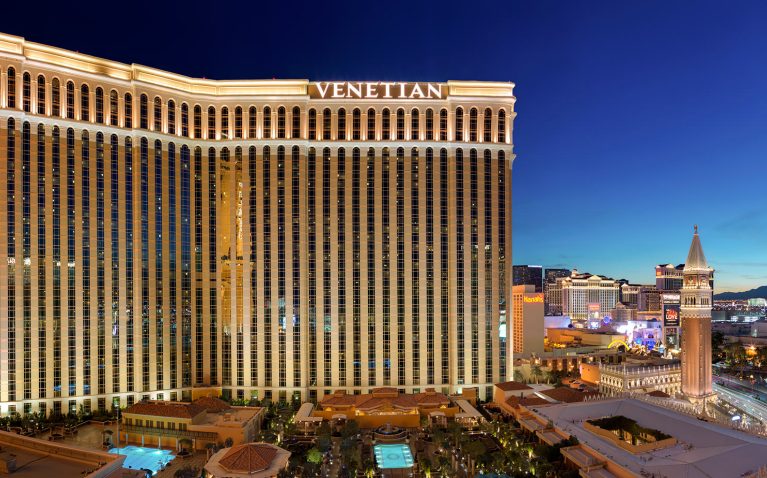 The exterior of the Venetian Las Vegas, illuminated at night