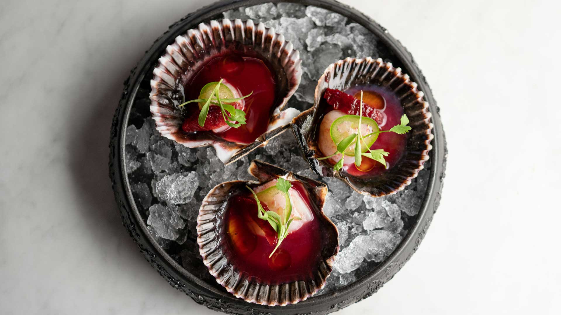 Three scallop shells with gourmet seafood and garnish, served on a bed of ice in a dark circular dish.