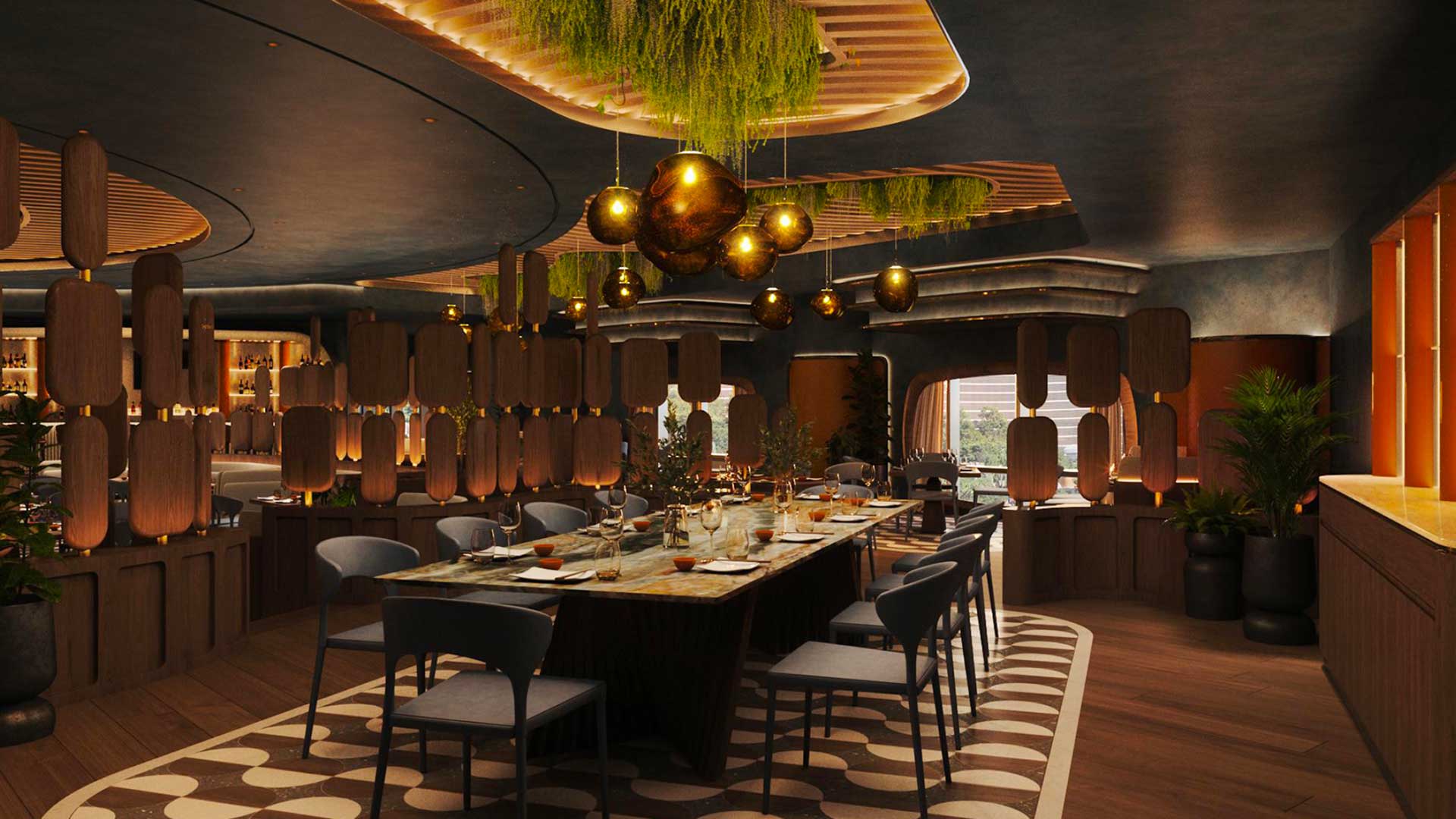 Interior of SUSHISAMBA with a table and chairs surrounded by modern decors. 