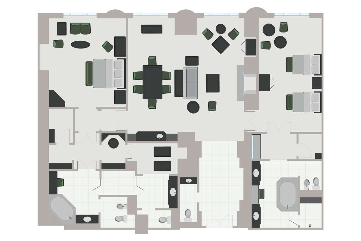 A detailed floor plan of a furnished apartment with multiple rooms, including bedrooms, bathrooms, and living areas.