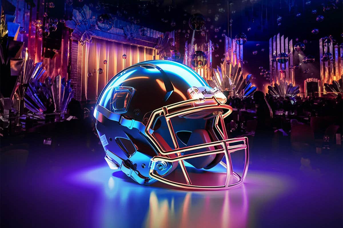 Neon-lit football helmet in a vibrant, futuristic setting with colorful lights and abstract background elements.