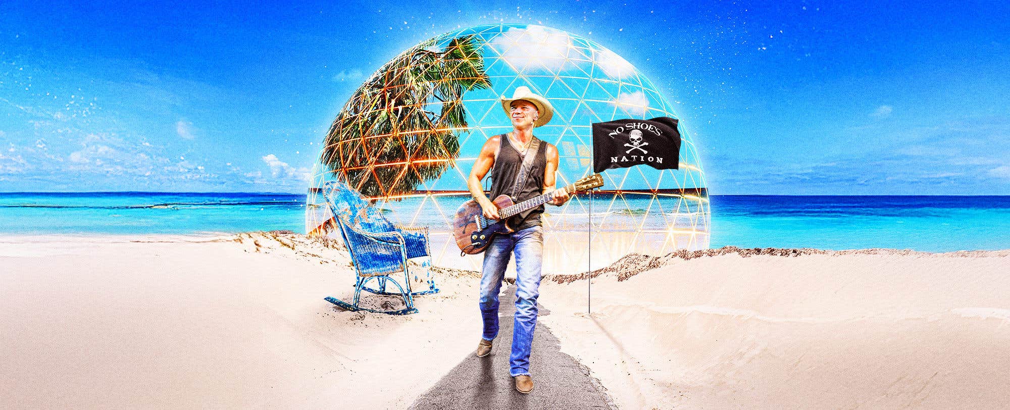 Beach scene with geodesic dome, palm trees, Kenny Chesney playing guitar, and a "No Shoes Nation" flag.