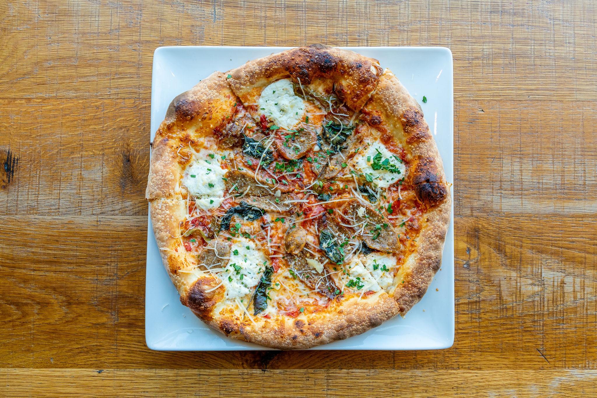 Circular pizza on a white square plate