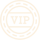 A beige circular VIP badge with a dashed border.