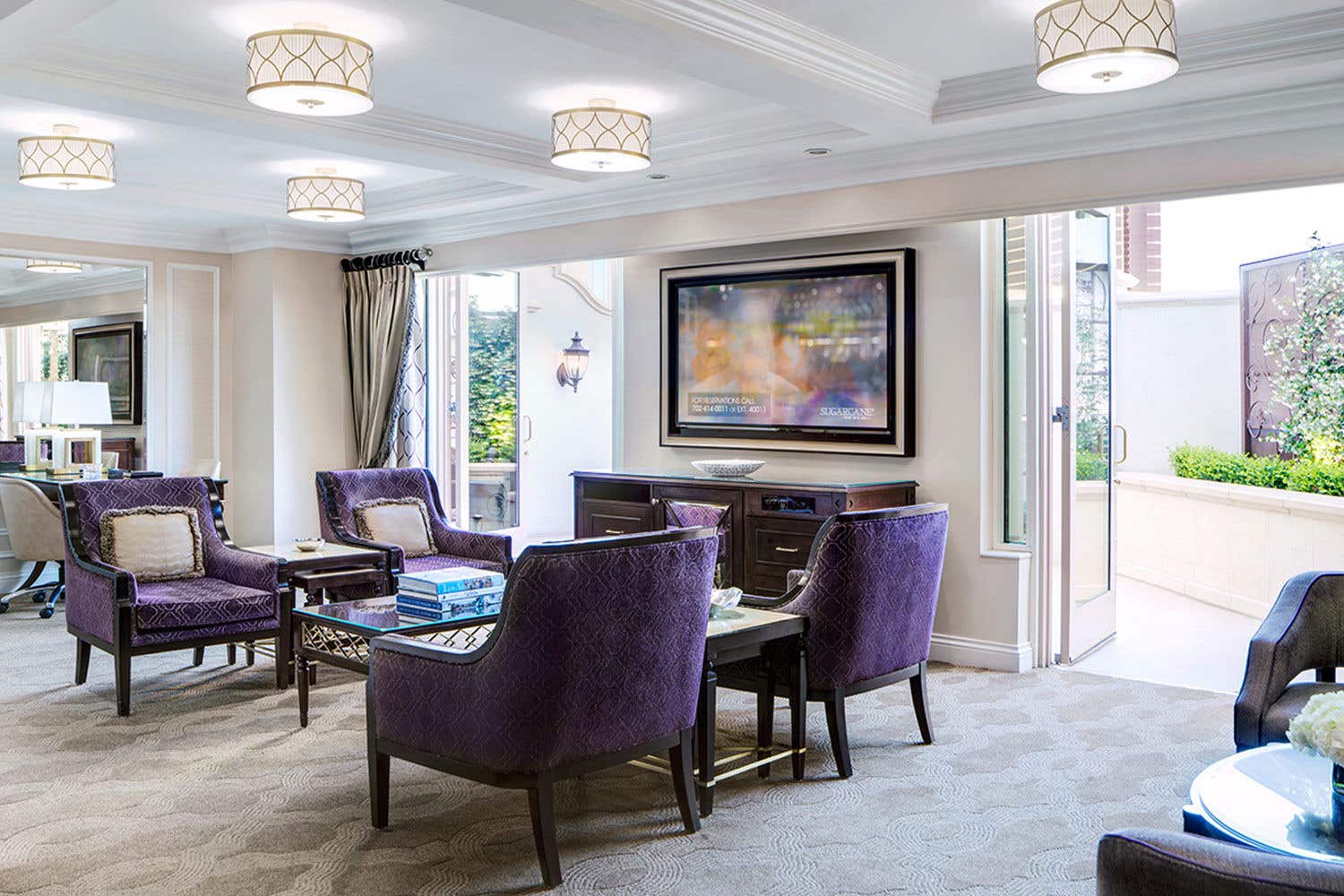 4 purple chairs, a coffee table, a walkout patio, and a TV on the wall. 