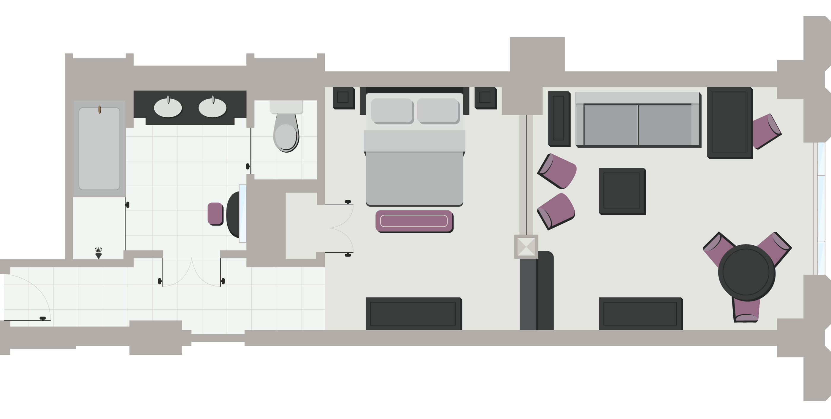 Floor plan of an apartment showing a bedroom, bathroom, living room, and dining area with furniture placements.