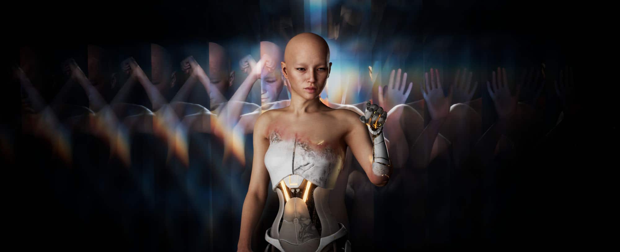 A hybrid humanoid robot figure in front of several prismatic refractions of itself on a black backdrop