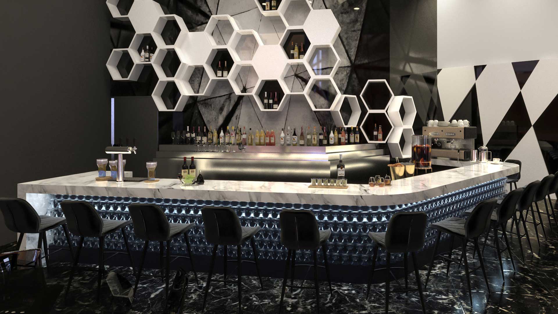 Modern bar with hexagonal shelving, black chairs, a marble countertop, assorted bottles, and a sleek, geometric design.