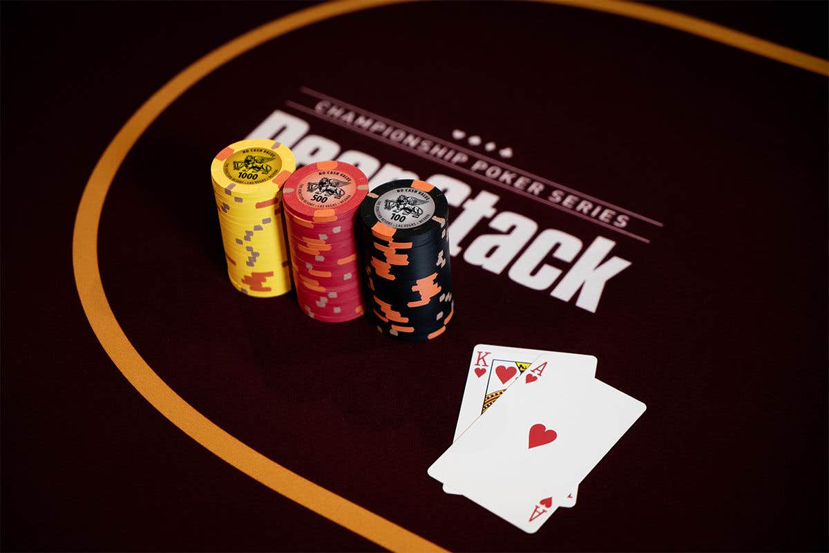 Poker chips and playing cards on a poker table with "Championship Poker Series" and "DeepStack" text.