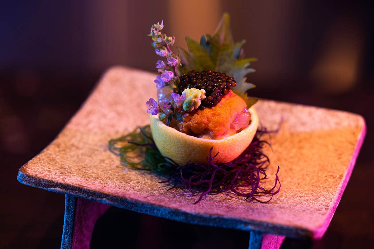 Elegant dish with caviar, herbs, and uni served in a lemon bowl on a textured stone plate.