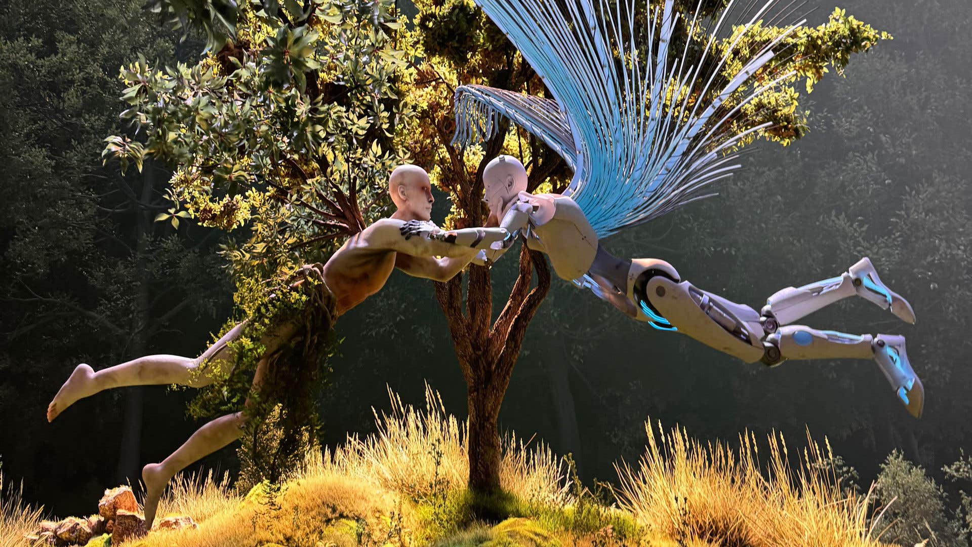 A human-plant hybrid interacts with a winged humanoid robot in an illuminated forest clearing.