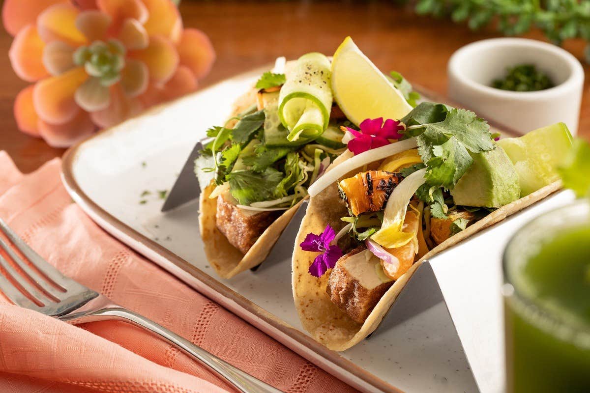 Two gourmet tacos with garnishes on a white plate, next to a fork and napkin, a green drink, and a succulent.