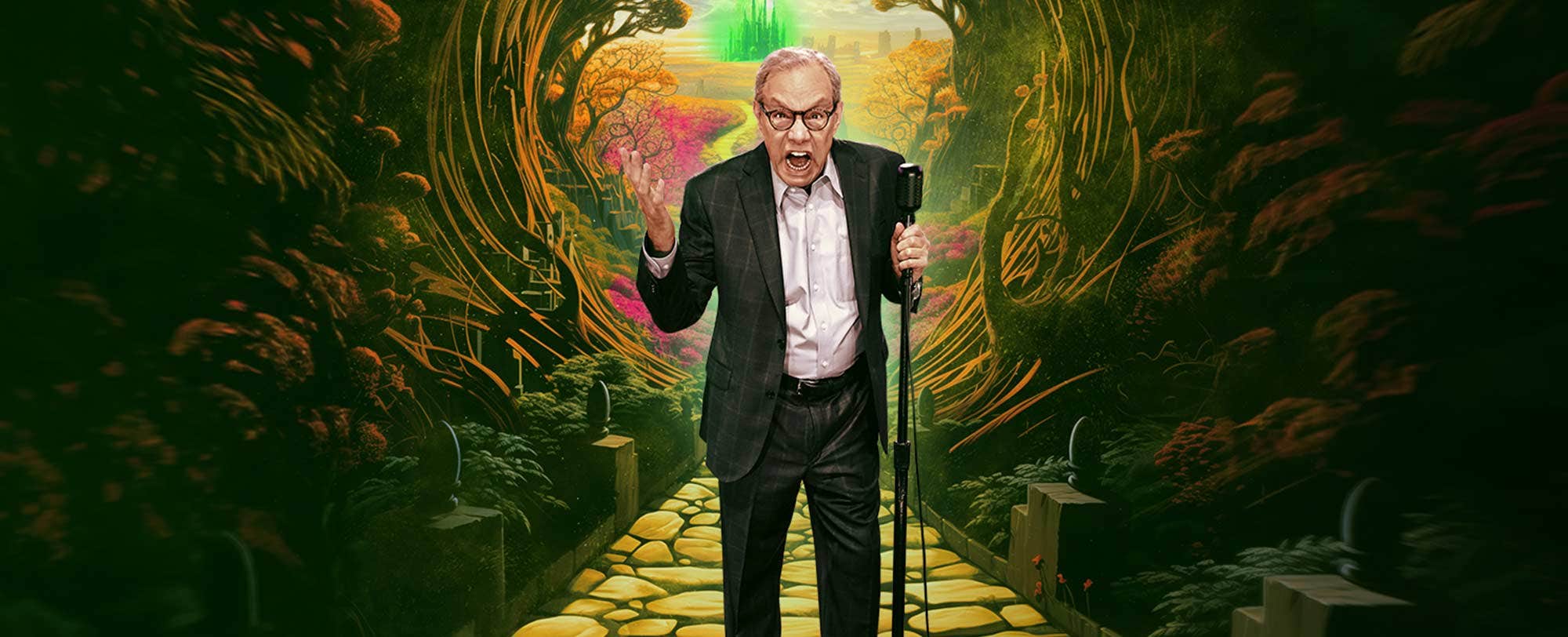 An elderly man with glasses passionately speaks into a microphone in a lush, fantasy-like forest.