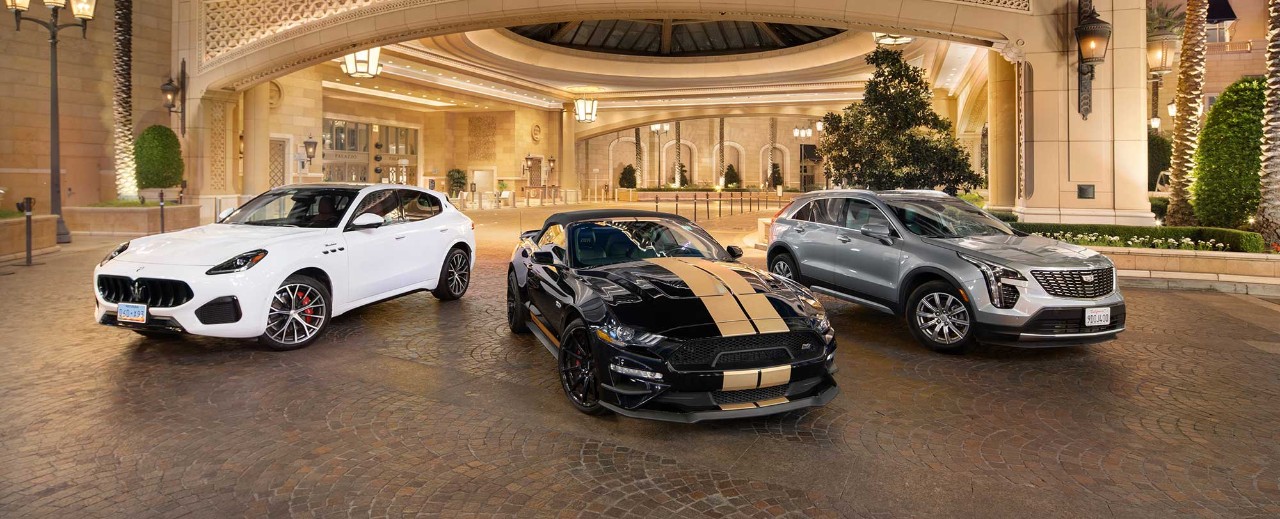 Three luxury cars, including a white SUV, black sports car with gold stripes, and a gray SUV, parked in a grand driveway.