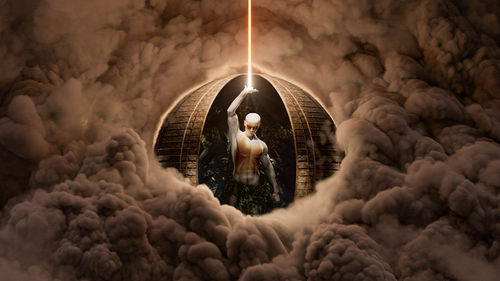 A humanoid figure stands inside a spherical, stone-like structure amidst clouds, with a beam of light projecting from its extended hand.