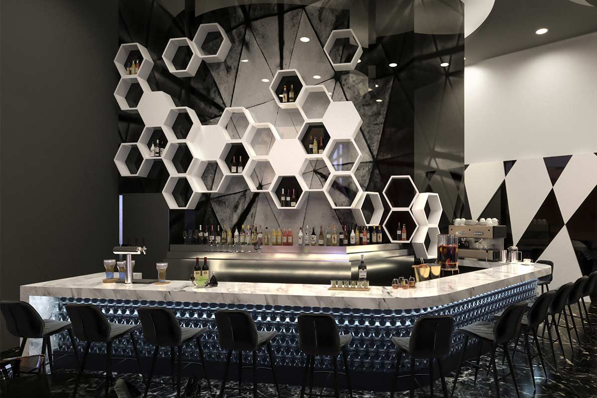 A modern bar with a hexagonal shelf design, black chairs, marble countertop, and geometric black and white wall accents.