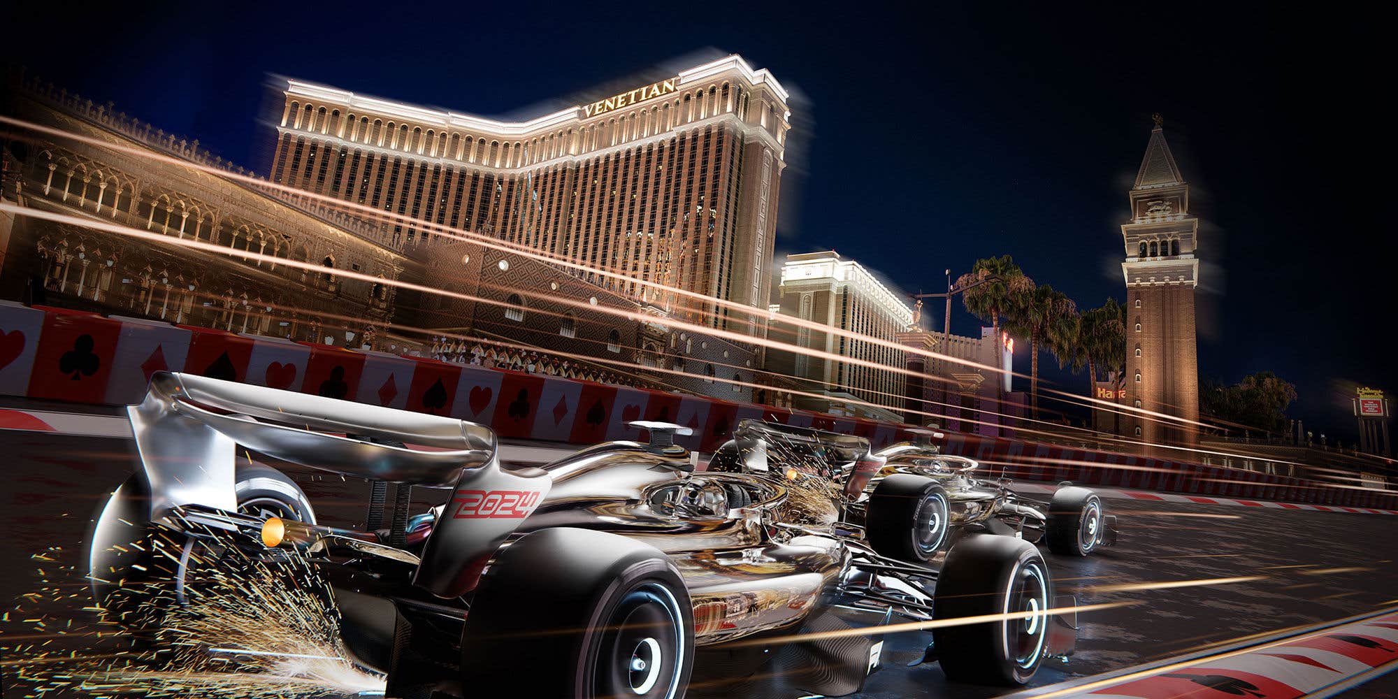 Futuristic Formula 1 car racing at night in front of the illuminated Venetian architecture...