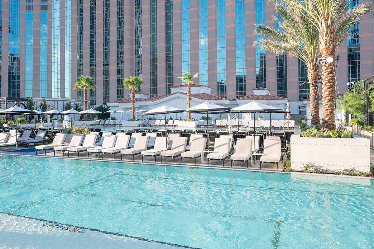 Lounge chairs and umbrellas by a clear pool with tall building and palm trees in the background.