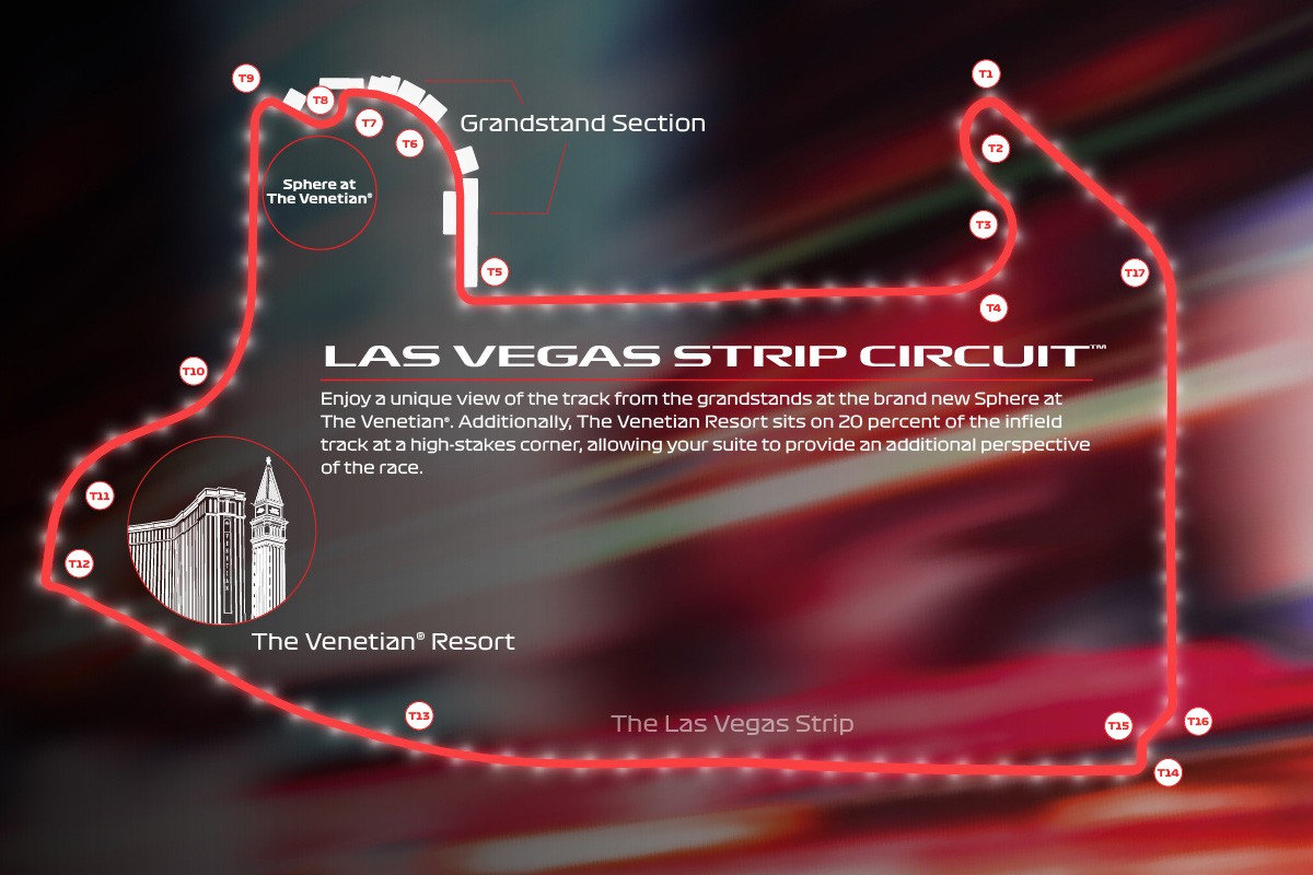 A diagram of the Las Vegas Strip Circuit with labeled sections, grandstand area, and highlighted points of interest.