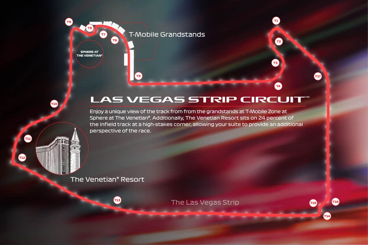 A diagram of the Las Vegas Strip Circuit with labeled sections, grandstand area, and highlighted points of interest.