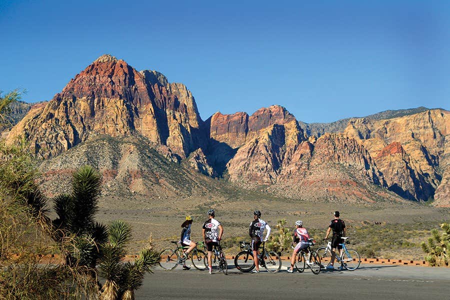 Five cyclists pause on a road with colorful rocky mountains and clear skies in the background.