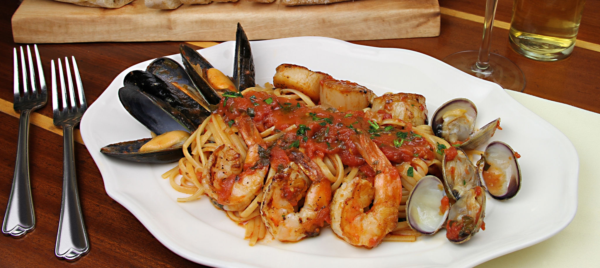 Linguine all buranella, pasta with seafood and red sauce.