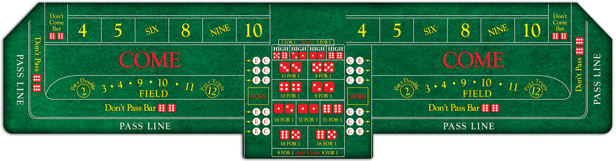 A green felt craps table layout with areas labeled for various bets such as Pass Line, Don't Pass, and Come.