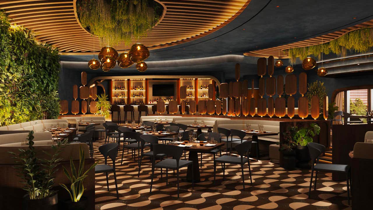 Interior of SUSHISAMBA with a table and chairs surrounded by modern decors. 