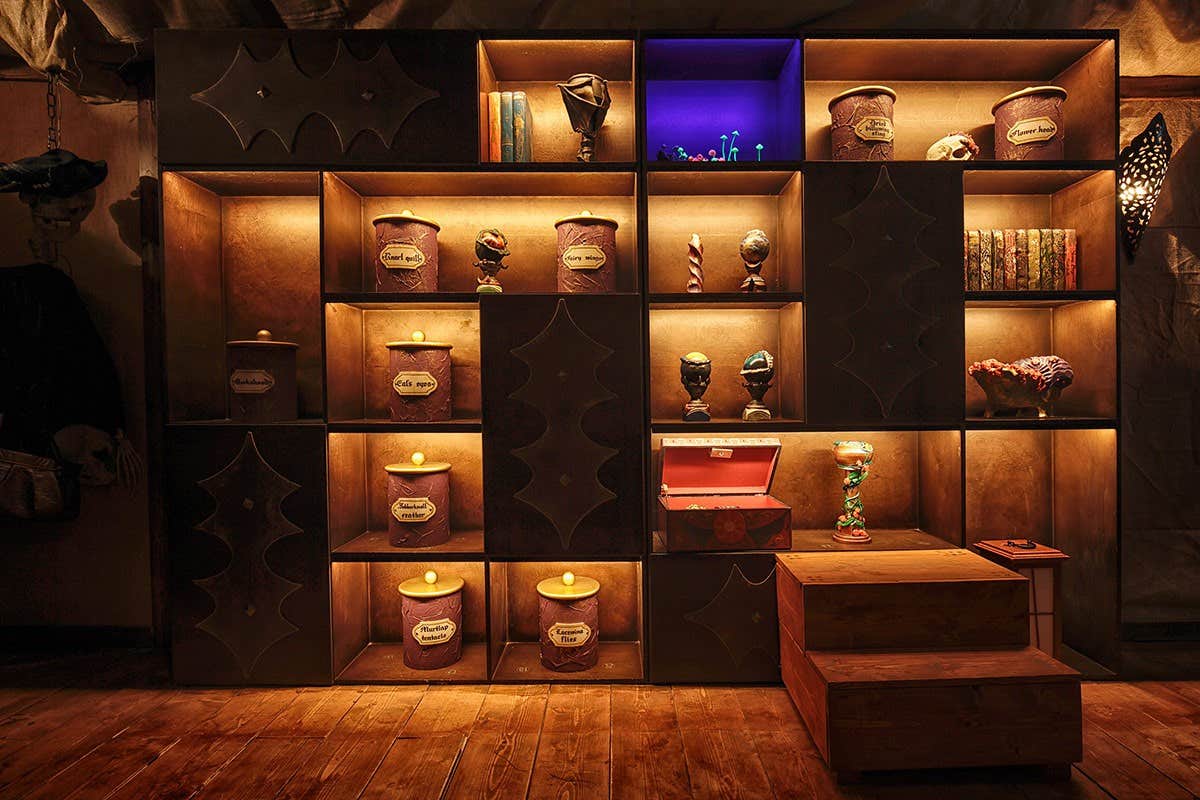 Dimly lit wooden shelves displaying jars, artifacts, books, and a red chest in an eclectic, vintage-style room.