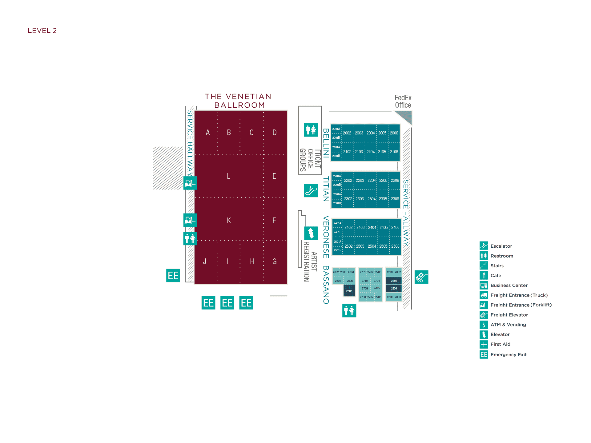 The Venetian, Belini, Titian, Veronese and Beassano ballroom floor plans