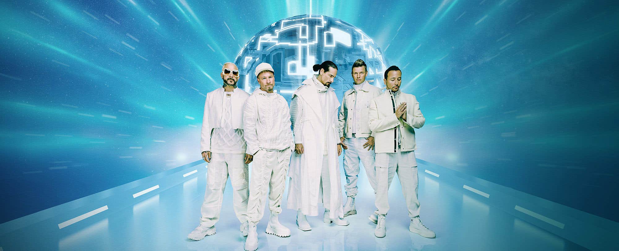 The five members of Backstreet Boys dressed in white on a white reflective floor in a light blue cyber space backdrop