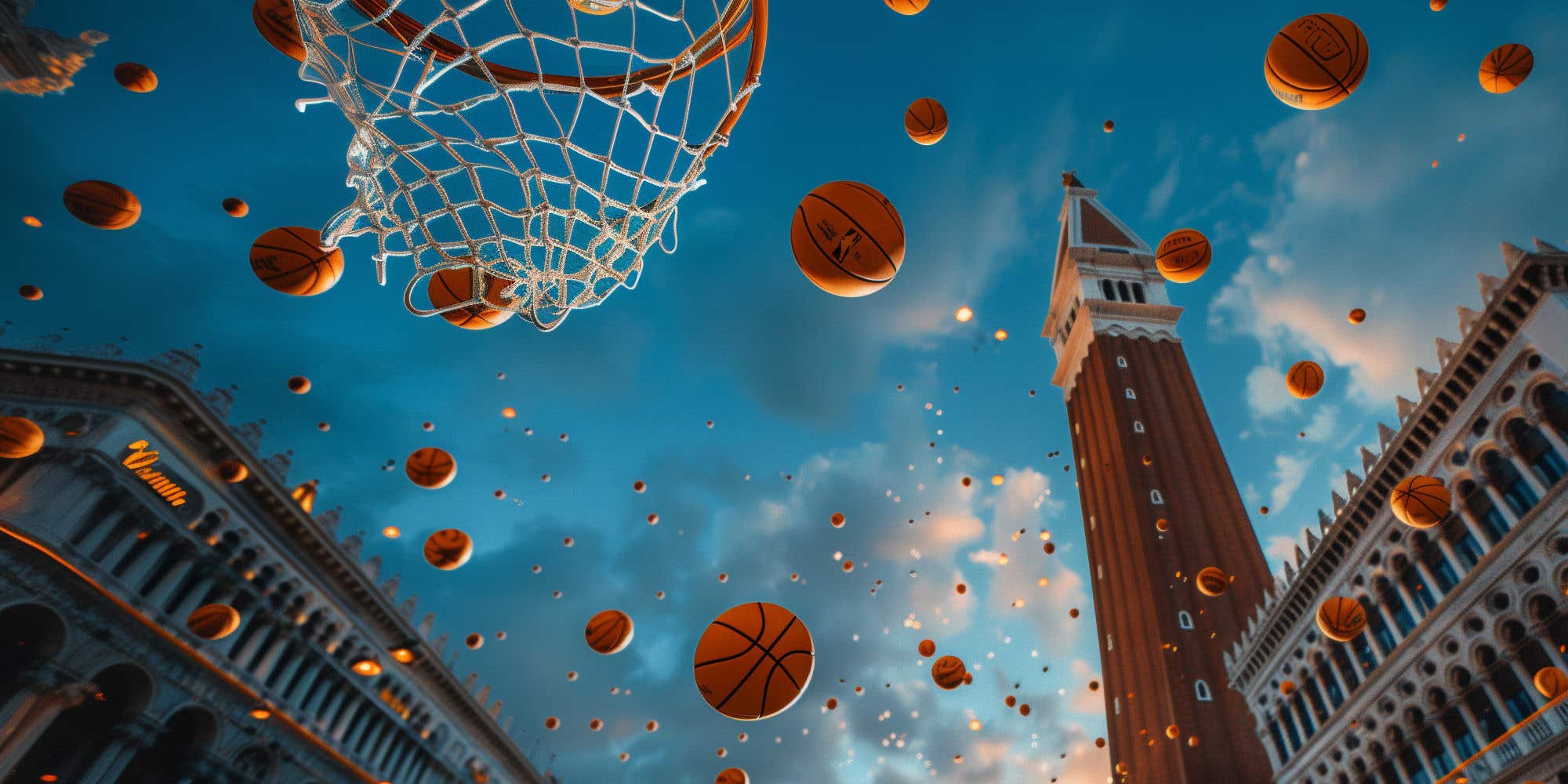 Dozens of basketballs float mid-air against a backdrop of historic buildings and a tower, with a basketball hoop in view.