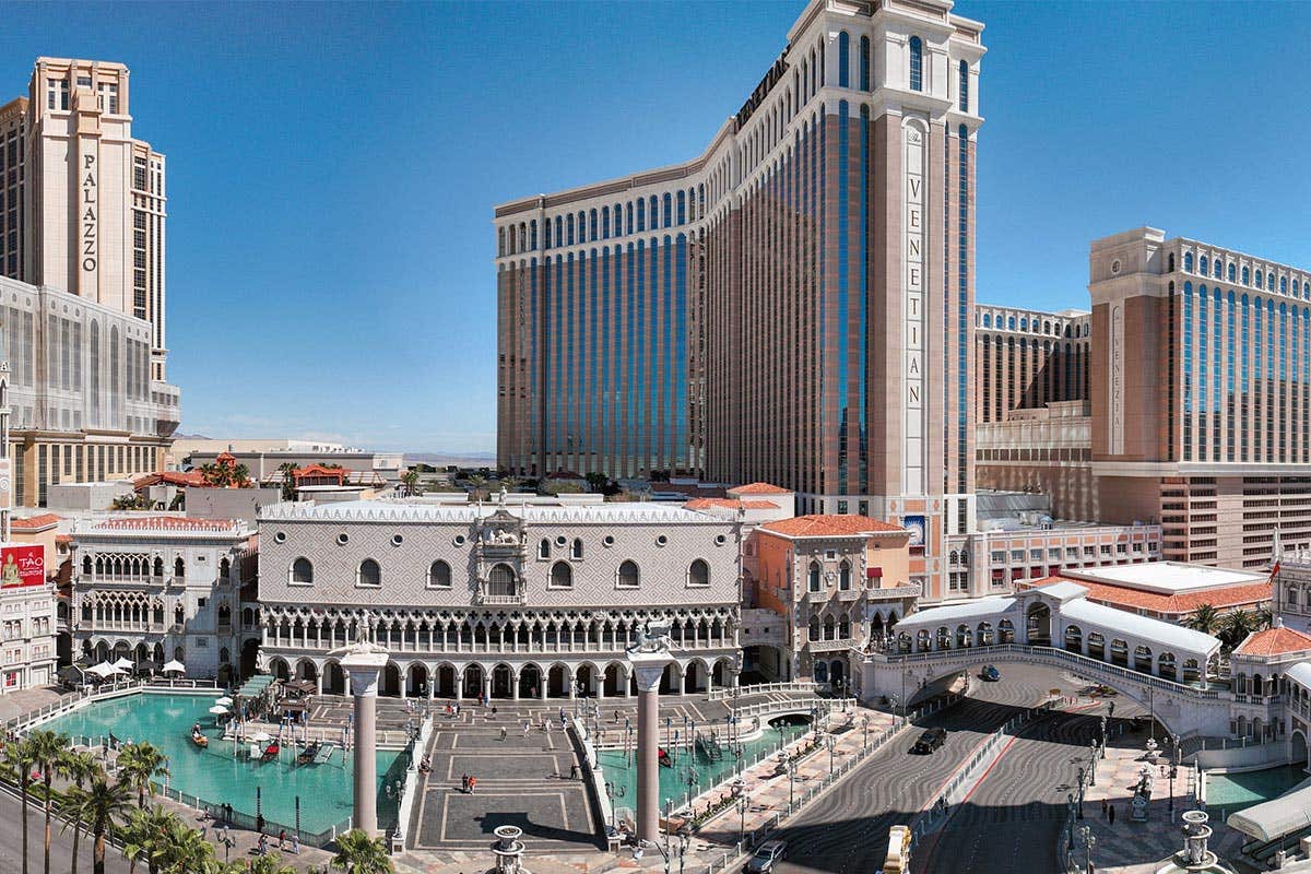 A daytime landscape view of The Venetian and The Palazzo Las Vegas.